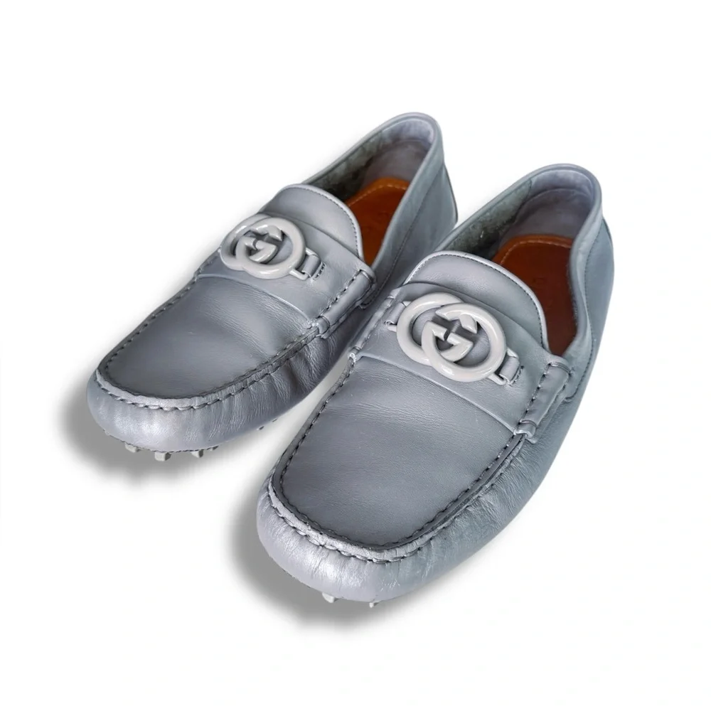 Gucci Grey Leather Interlocking G Drivers Loafers Men’s Size 6.5 / Women’s 8-8.5